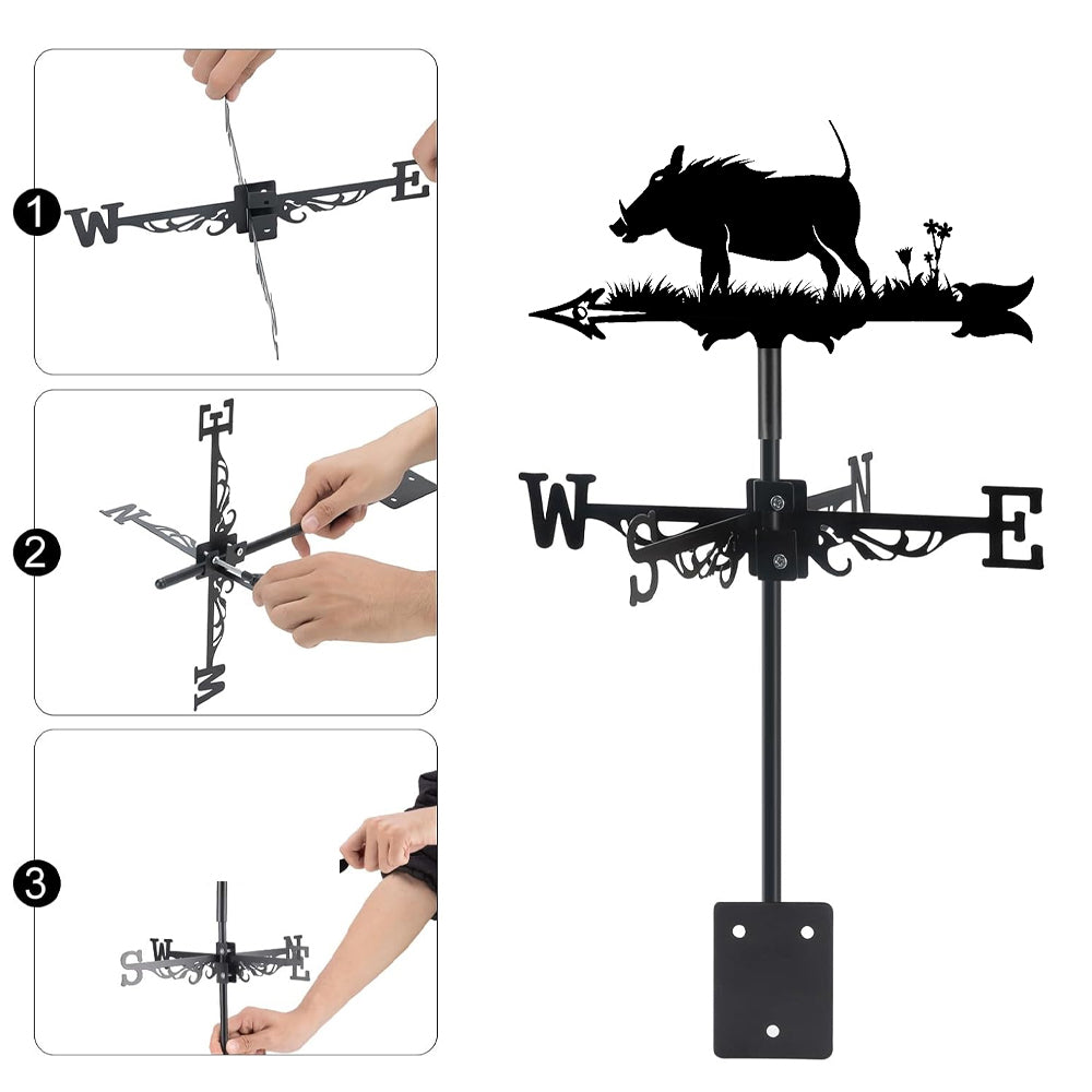 Warthog metal weather vane with directional arrows and mounting rod, outdoor roof and garden decoration