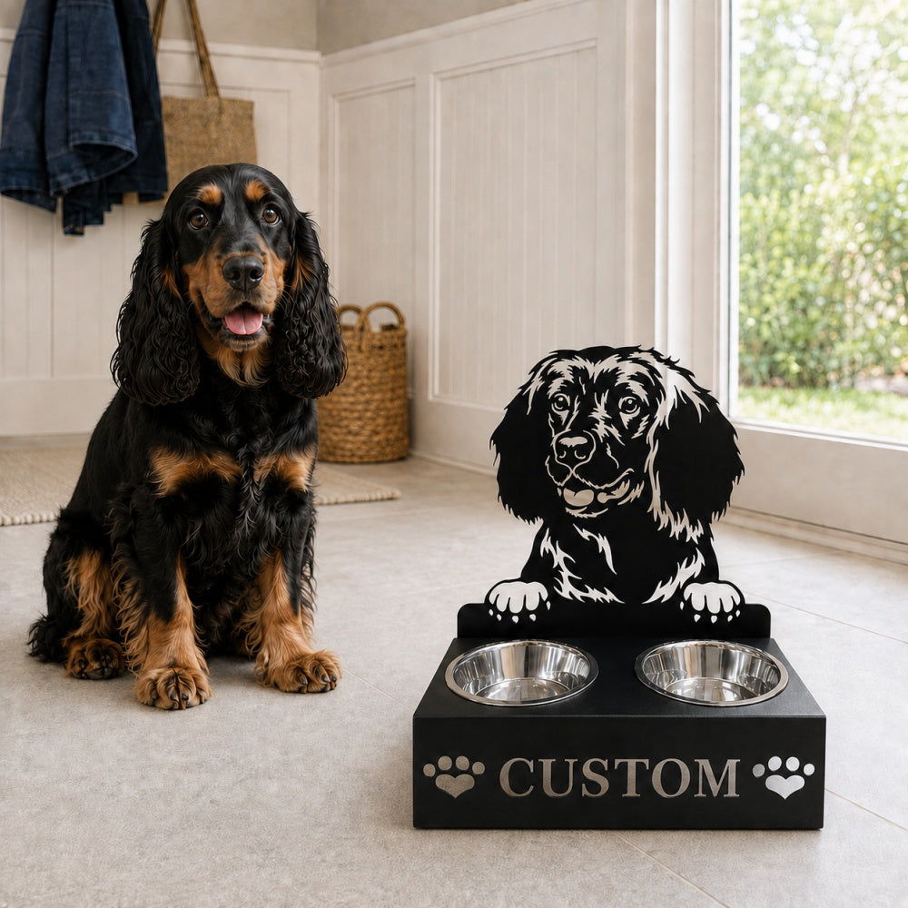 Personalized water spaniel metal dog bowl stand with custom name cutout and two removable feeding bowls