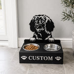Personalized water spaniel metal dog bowl stand with custom name cutout and two removable feeding bowls