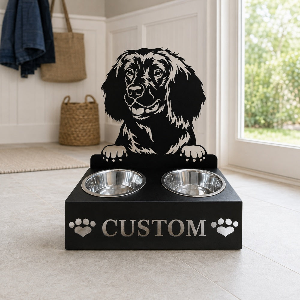 Personalized water spaniel metal dog bowl stand with custom name cutout and two removable feeding bowls