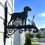 Weimaraner metal hanging basket bracket mounted on outdoor wall for plant decoration