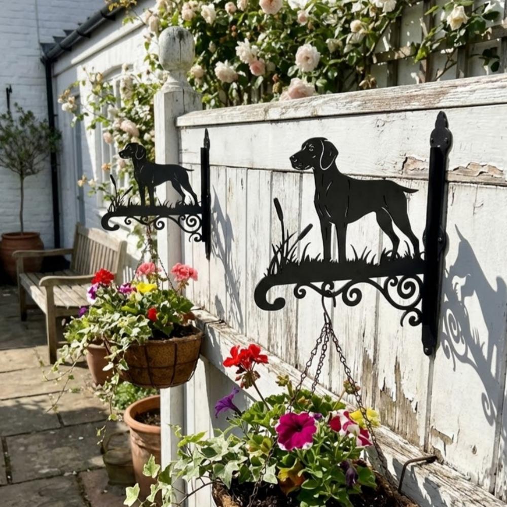 Weimaraner metal hanging basket bracket mounted on outdoor wall for plant decoration