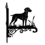 Weimaraner metal hanging basket bracket mounted on outdoor wall for plant decoration