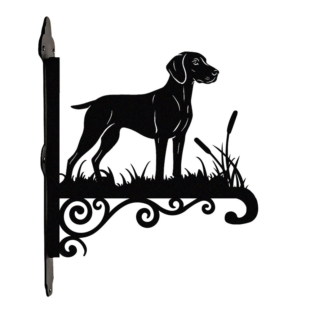 Weimaraner metal hanging basket bracket mounted on outdoor wall for plant decoration