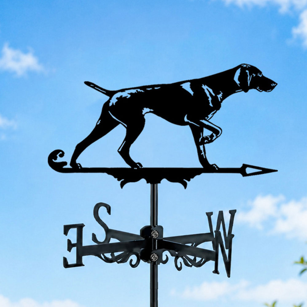 Weimaraner metal weather vane with directional arrows and mounting rod, outdoor roof and garden decoration