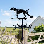 Weimaraner metal weather vane with directional arrows and mounting rod, outdoor roof and garden decoration