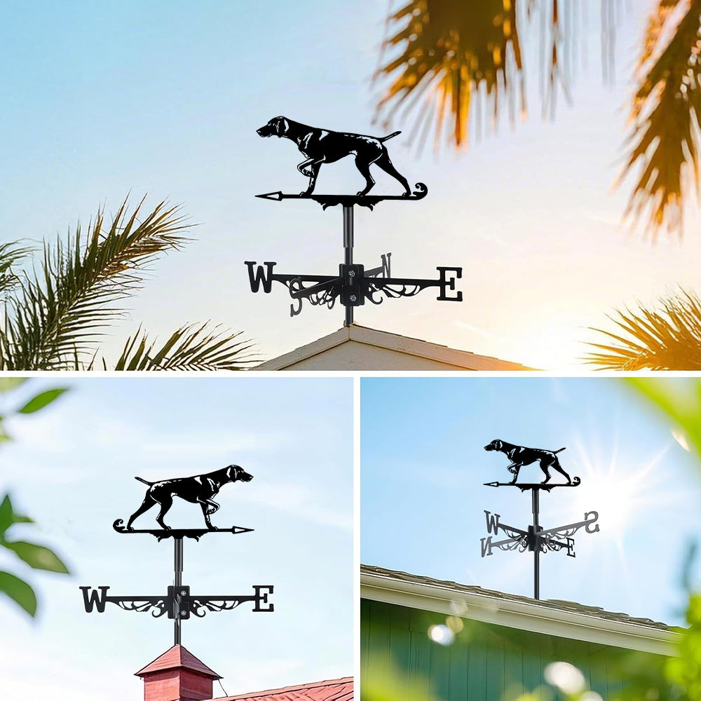 Weimaraner metal weather vane with directional arrows and mounting rod, outdoor roof and garden decoration