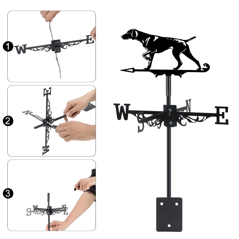 Weimaraner metal weather vane with directional arrows and mounting rod, outdoor roof and garden decoration