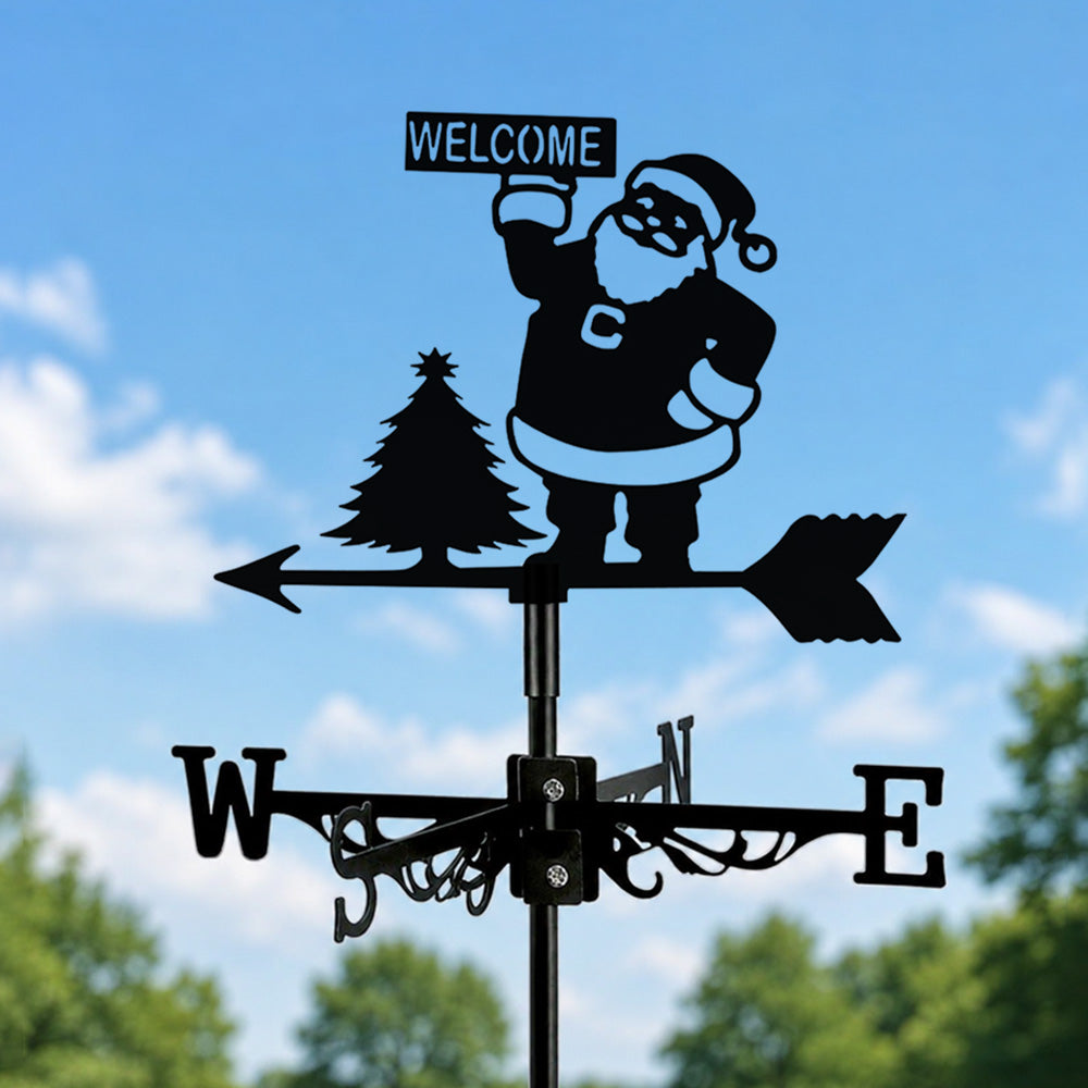 Welcome santa metal weather vane with directional arrows and mounting rod, outdoor roof and garden decoration
