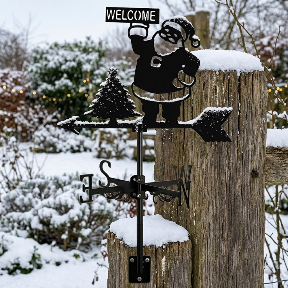 Welcome santa metal weather vane with directional arrows and mounting rod, outdoor roof and garden decoration