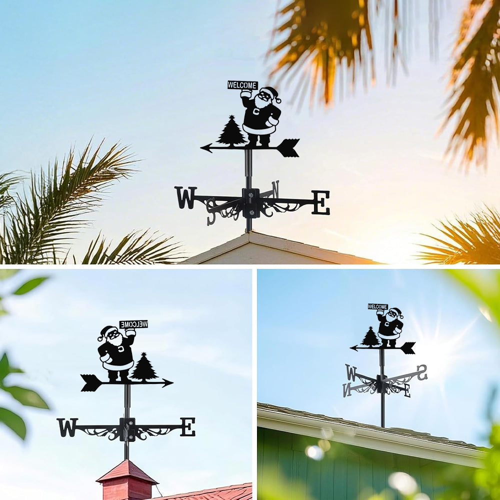 Welcome santa metal weather vane with directional arrows and mounting rod, outdoor roof and garden decoration