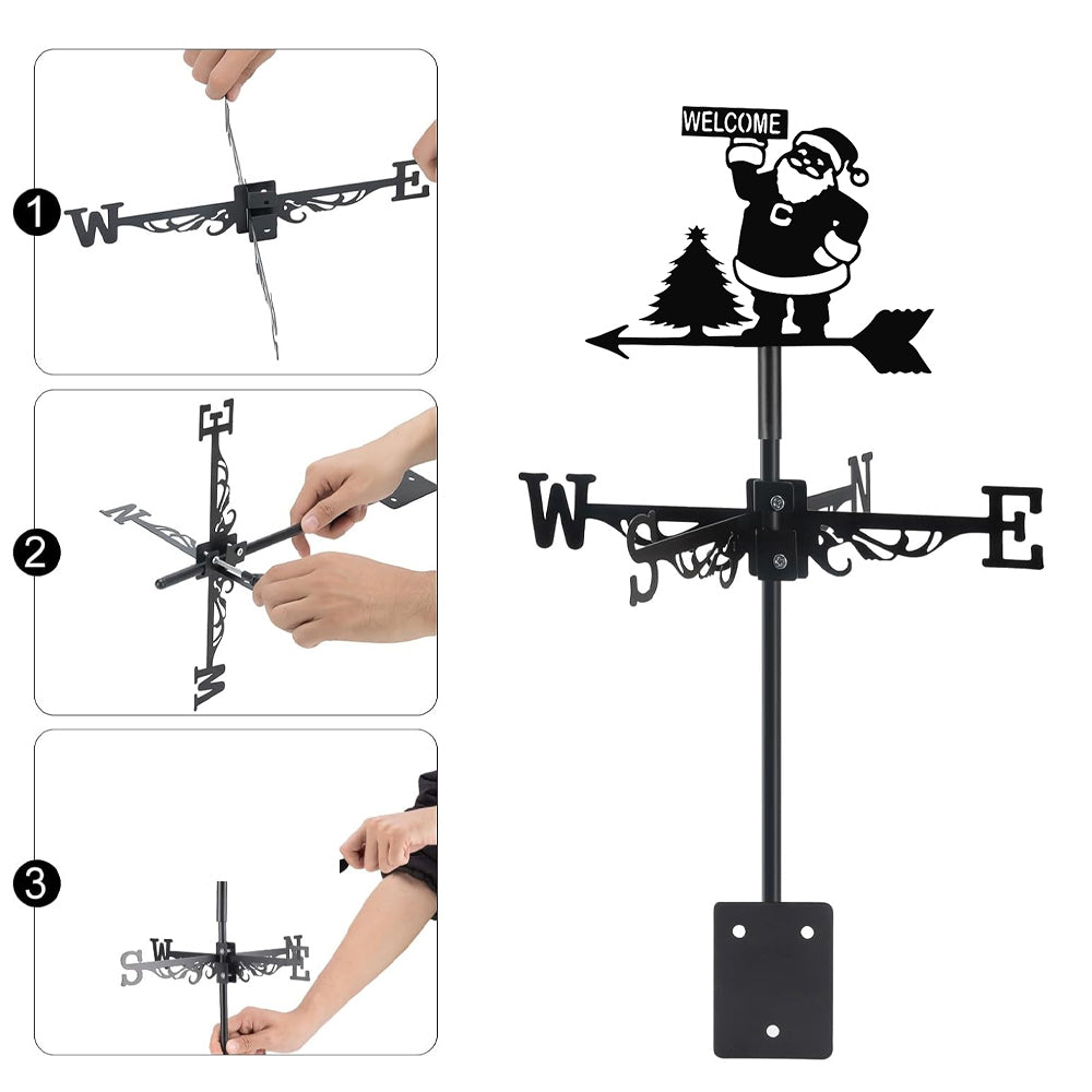 Welcome santa metal weather vane with directional arrows and mounting rod, outdoor roof and garden decoration