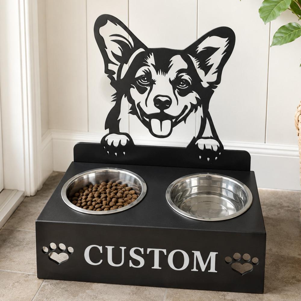 Personalized welsh corgi metal dog bowl stand with custom name cutout and two removable feeding bowls