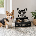 Personalized welsh corgi metal dog bowl stand with custom name cutout and two removable feeding bowls