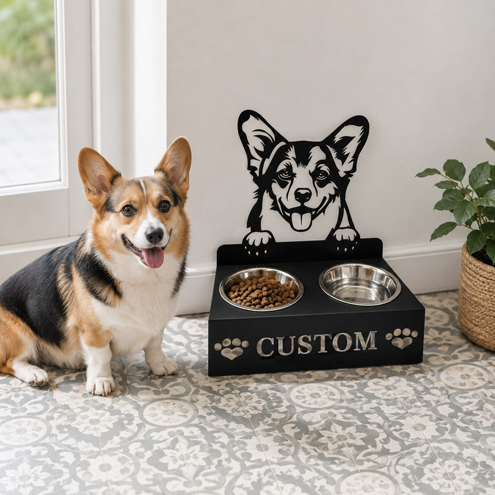 Personalized welsh corgi metal dog bowl stand with custom name cutout and two removable feeding bowls