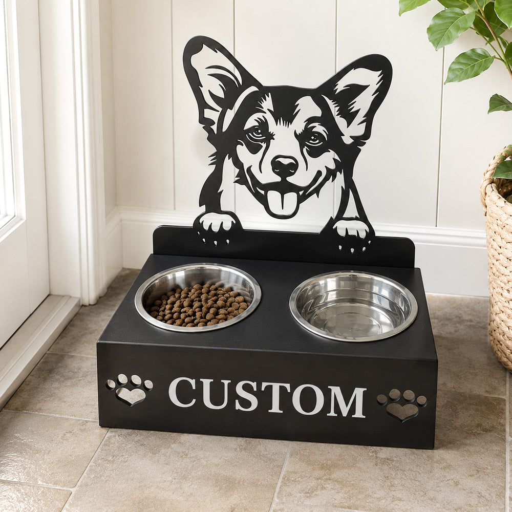 Personalized welsh corgi metal dog bowl stand with custom name cutout and two removable feeding bowls