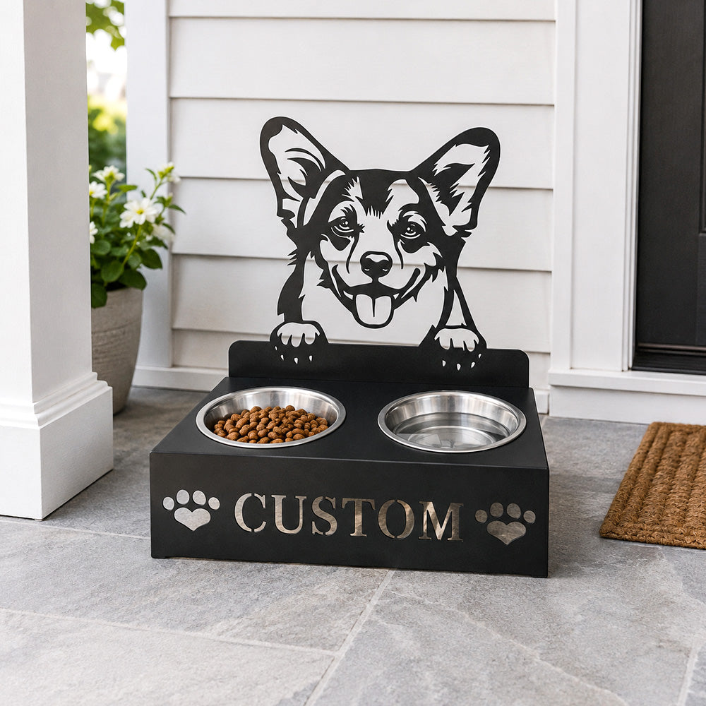 Personalized welsh corgi metal dog bowl stand with custom name cutout and two removable feeding bowls