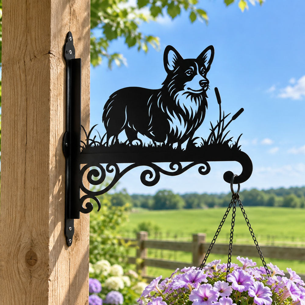 Welsh corgi metal hanging basket bracket mounted on outdoor wall for plant decoration