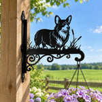 Welsh corgi metal hanging basket bracket mounted on outdoor wall for plant decoration