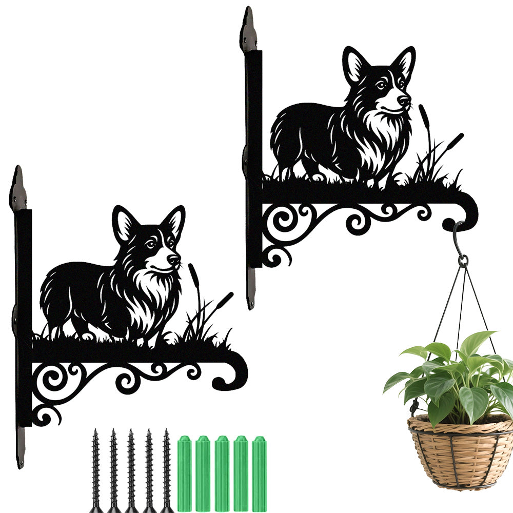 Welsh corgi metal hanging basket bracket mounted on outdoor wall for plant decoration