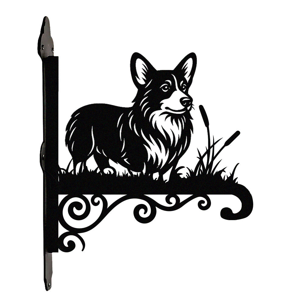 Welsh corgi metal hanging basket bracket mounted on outdoor wall for plant decoration