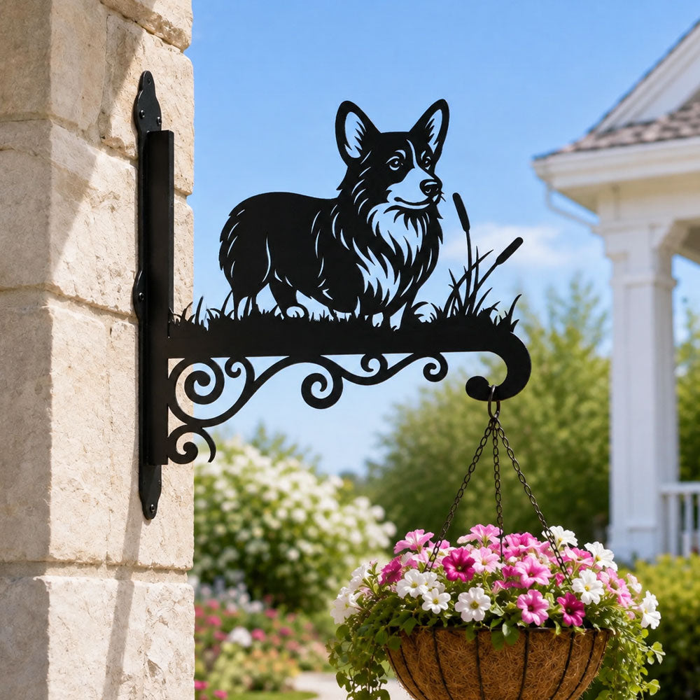 Welsh corgi metal hanging basket bracket mounted on outdoor wall for plant decoration