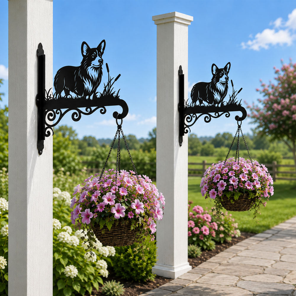 Welsh corgi metal hanging basket bracket mounted on outdoor wall for plant decoration