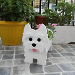 West Highland White Terrier dog planter filled with fresh flowers is placed in the garden