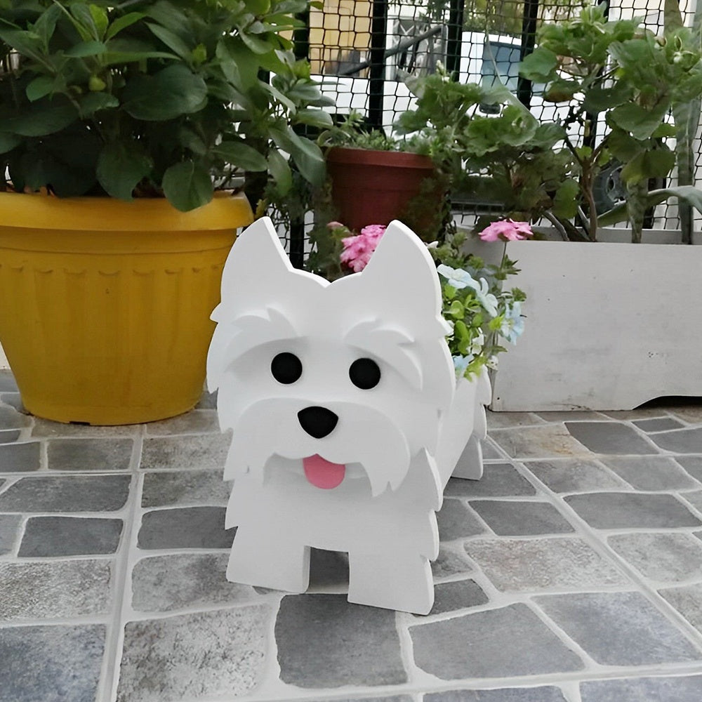 West Highland White Terrier dog planter filled with fresh flowers is placed in the garden