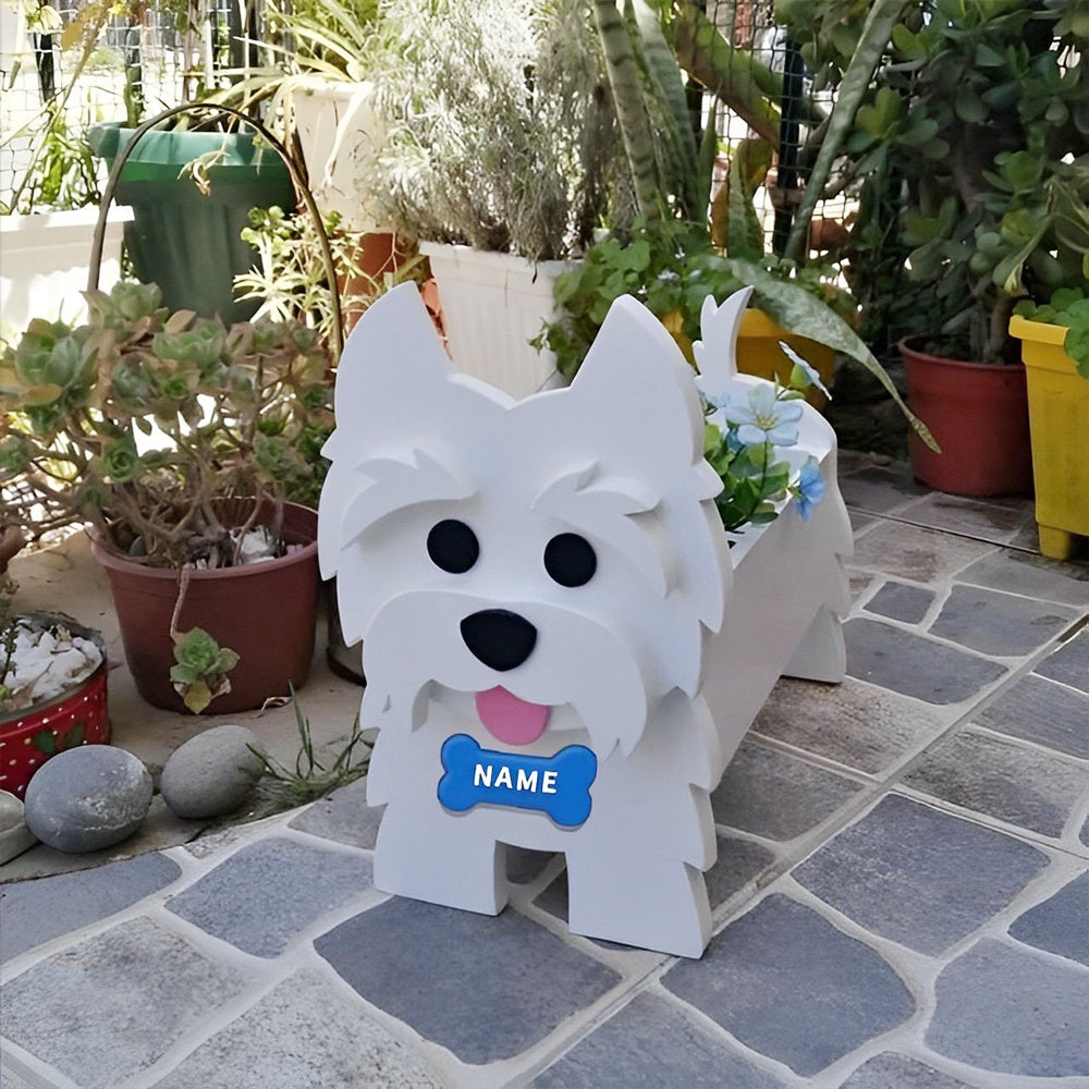 West Highland White Terrier dog planter filled with fresh flowers is placed in the garden