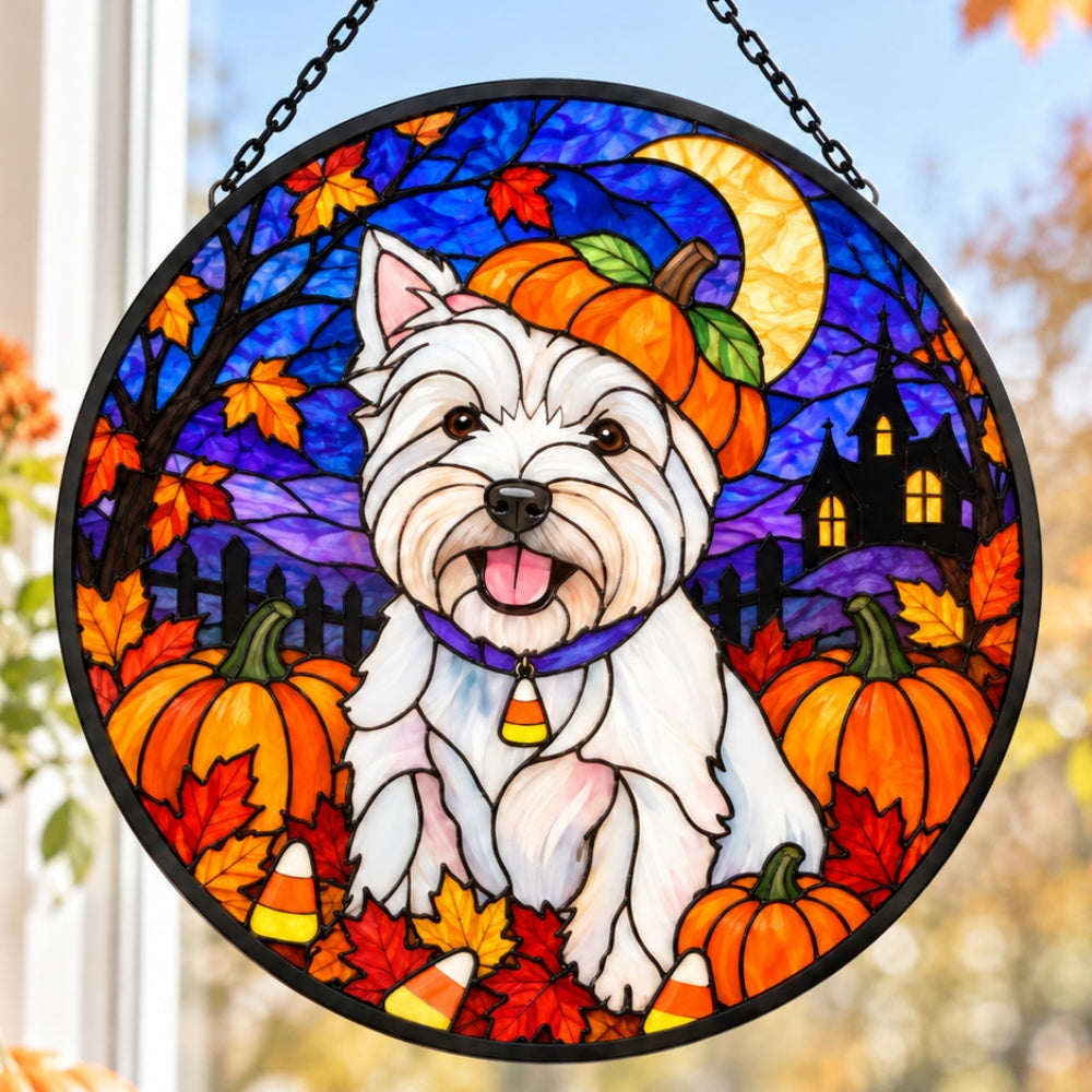 West Highland White Terrier Halloween stained glass suncatcher window hanging, suitable for home and garden decoration
