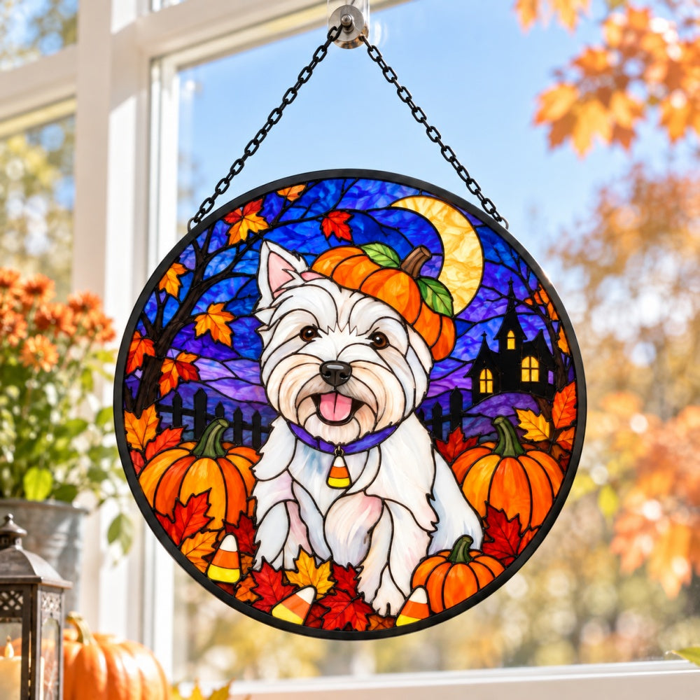 West Highland White Terrier Halloween stained glass suncatcher window hanging, suitable for home and garden decoration