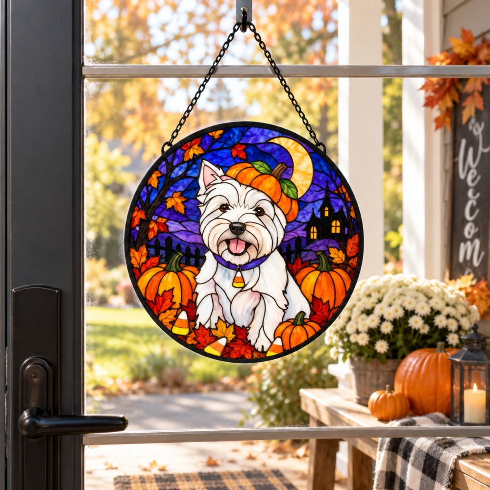 West Highland White Terrier Halloween stained glass suncatcher window hanging, suitable for home and garden decoration