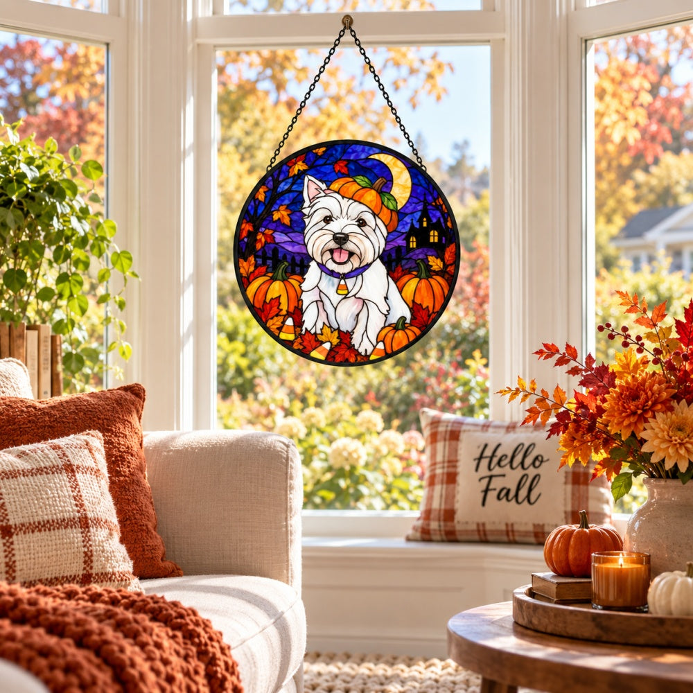 West Highland White Terrier Halloween stained glass suncatcher window hanging, suitable for home and garden decoration
