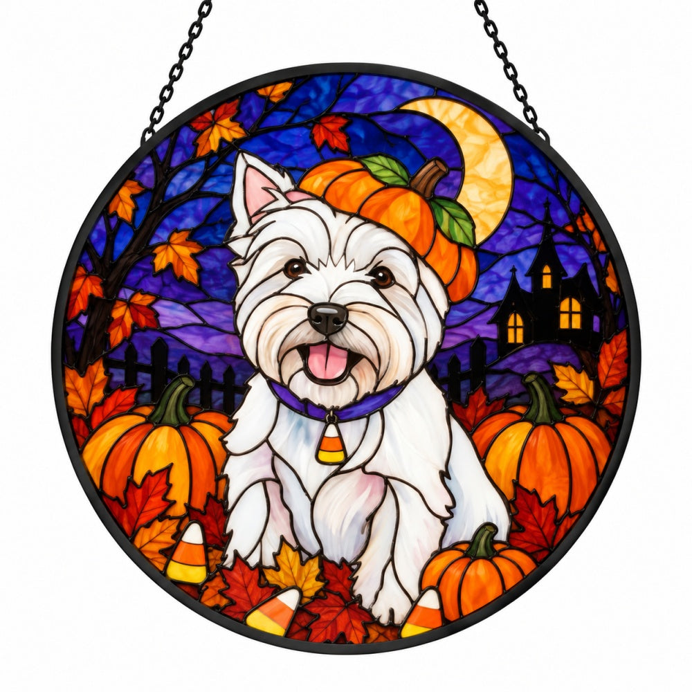 West Highland White Terrier Halloween stained glass suncatcher window hanging, suitable for home and garden decoration
