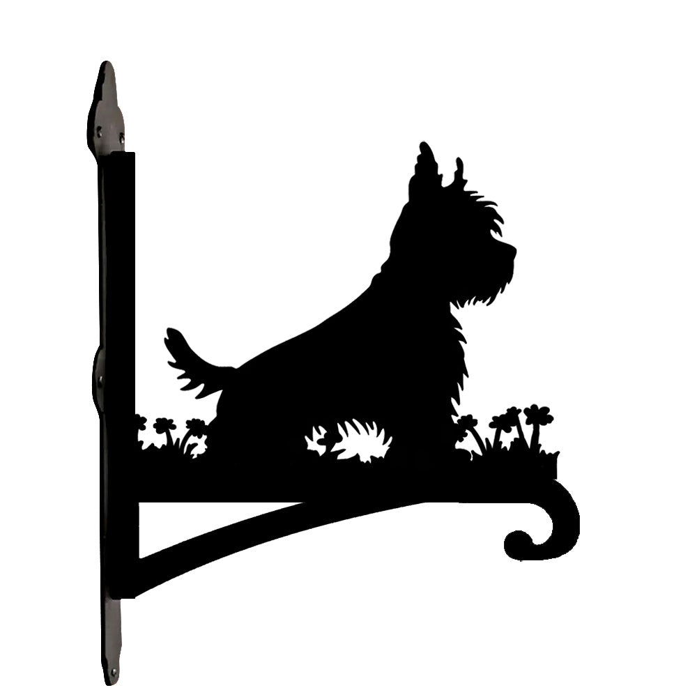 West highland white terrier metal hanging basket bracket mounted on outdoor wall for plant decoration