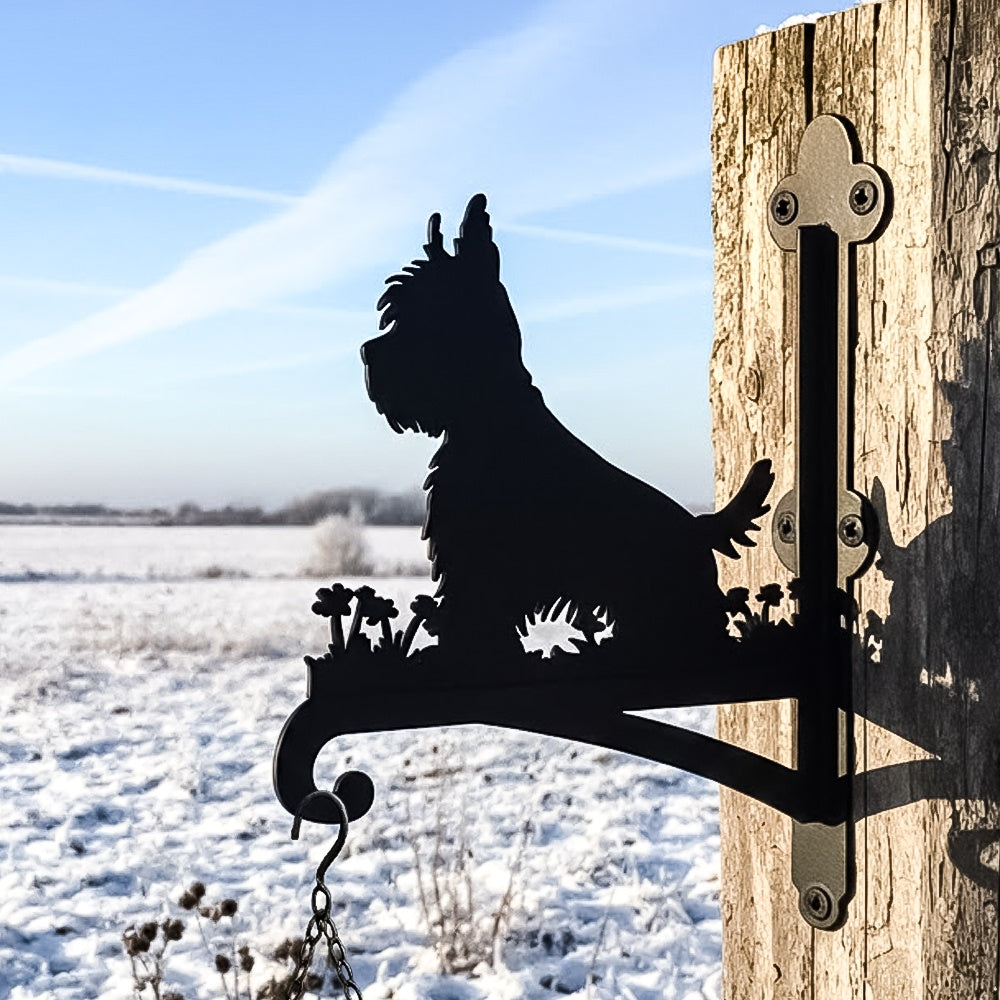 West highland white terrier metal hanging basket bracket mounted on outdoor wall for plant decoration