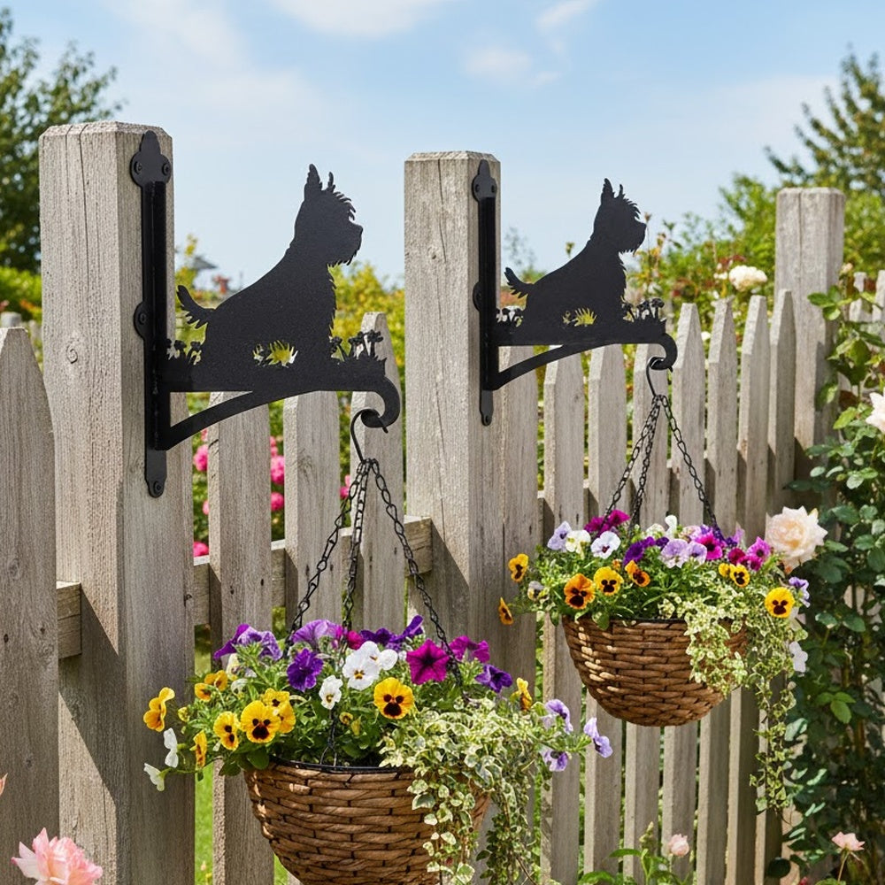West highland white terrier metal hanging basket bracket mounted on outdoor wall for plant decoration