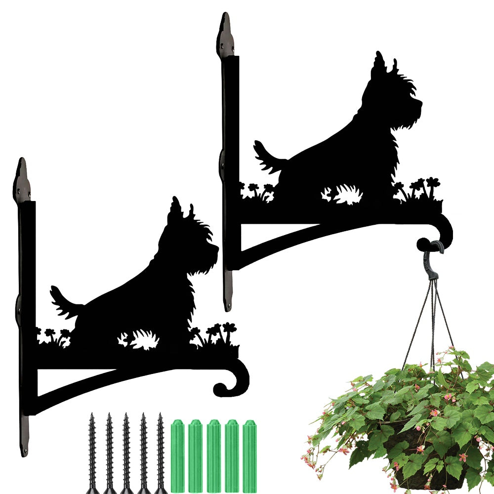 West highland white terrier metal hanging basket bracket mounted on outdoor wall for plant decoration