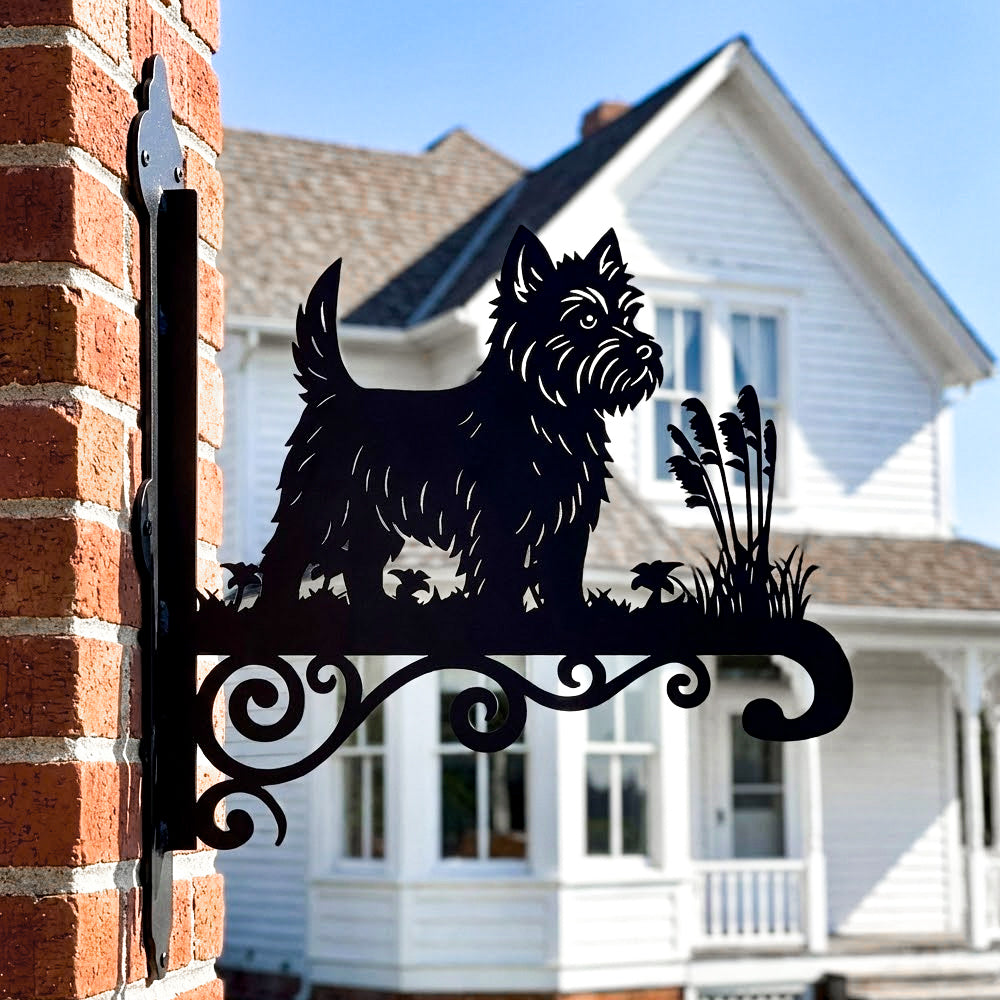 West highland white terrier metal hanging basket bracket mounted on outdoor wall for plant decoration