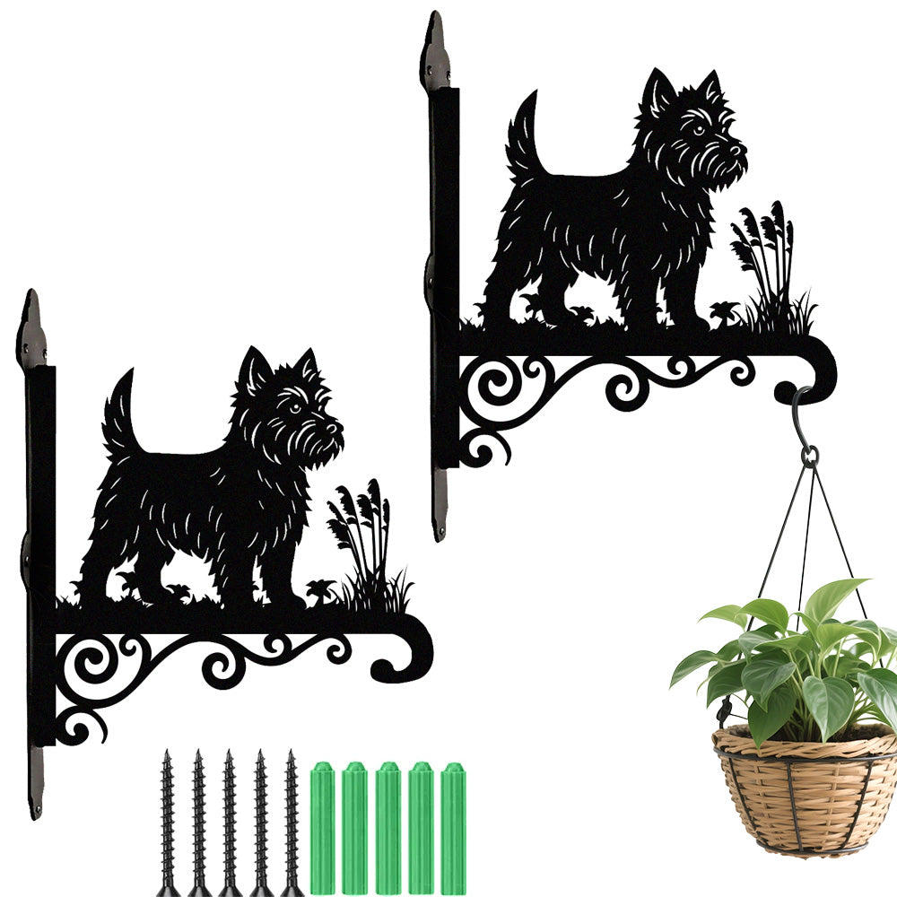 West highland white terrier metal hanging basket bracket mounted on outdoor wall for plant decoration