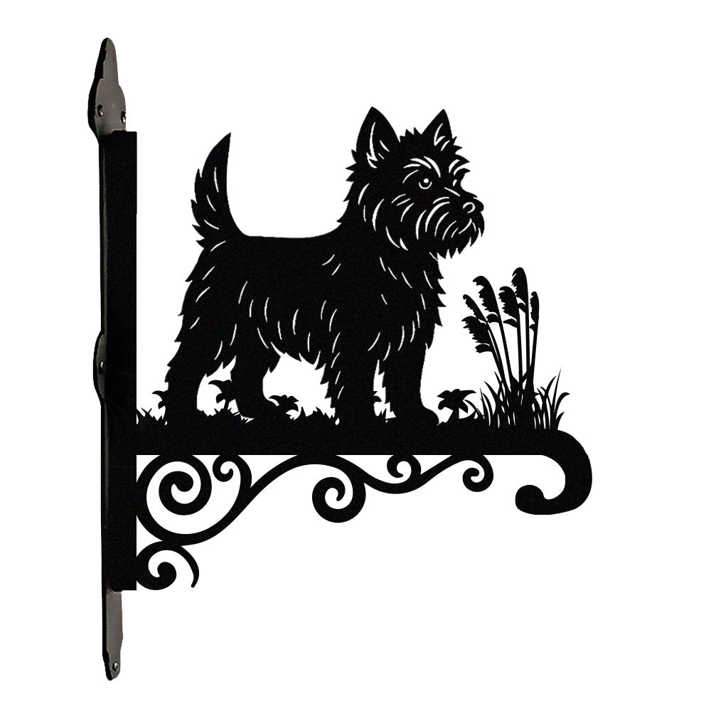 West highland white terrier metal hanging basket bracket mounted on outdoor wall for plant decoration