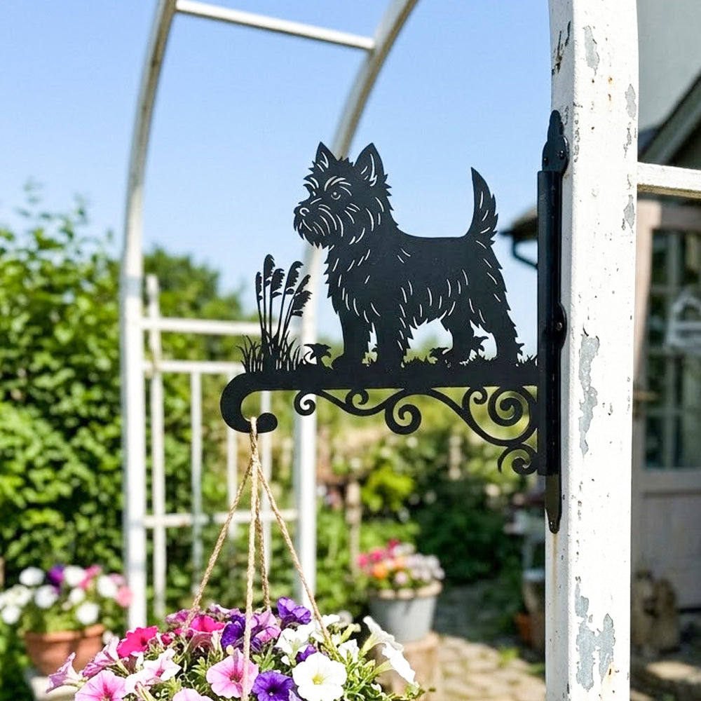 West highland white terrier metal hanging basket bracket mounted on outdoor wall for plant decoration