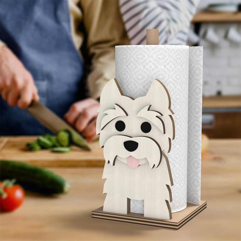 West Highland White Terrier Wooden Dog Paper Towel Holder displayed on a kitchen countertop with a freestanding paper towel roll