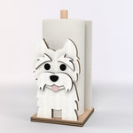West Highland White Terrier Wooden Dog Paper Towel Holder displayed on a kitchen countertop with a freestanding paper towel roll