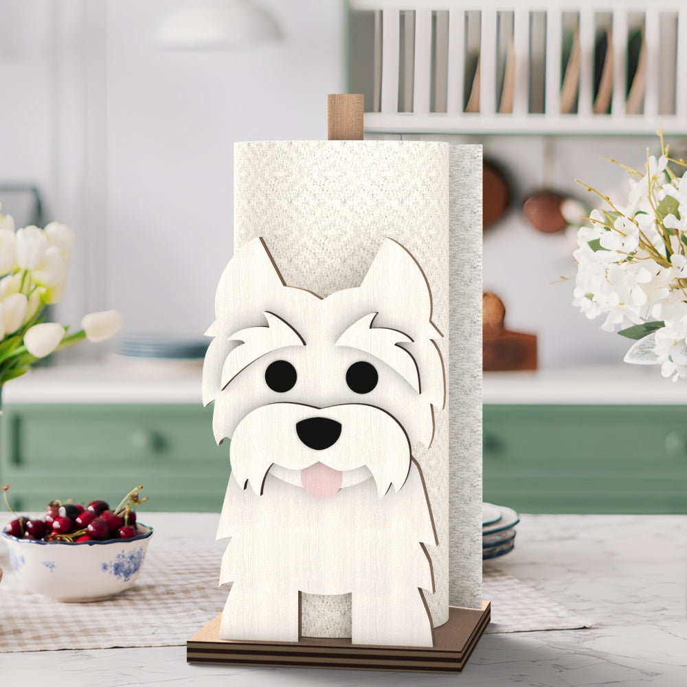 West Highland White Terrier Wooden Dog Paper Towel Holder displayed on a kitchen countertop with a freestanding paper towel roll