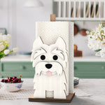 West Highland White Terrier Wooden Dog Paper Towel Holder displayed on a kitchen countertop with a freestanding paper towel roll