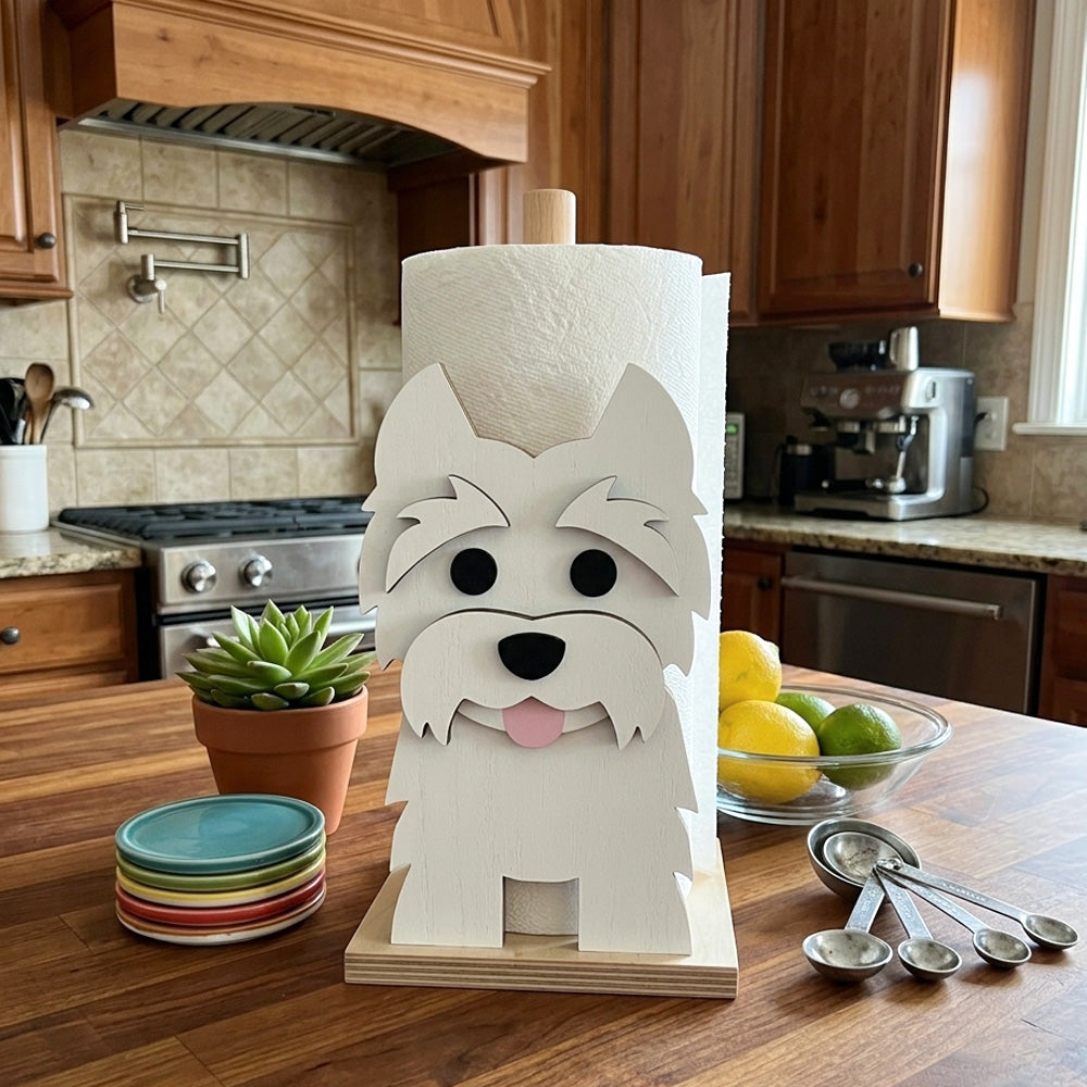 West Highland White Terrier Wooden Dog Paper Towel Holder displayed on a kitchen countertop with a freestanding paper towel roll