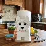 West Highland White Terrier Wooden Dog Paper Towel Holder displayed on a kitchen countertop with a freestanding paper towel roll