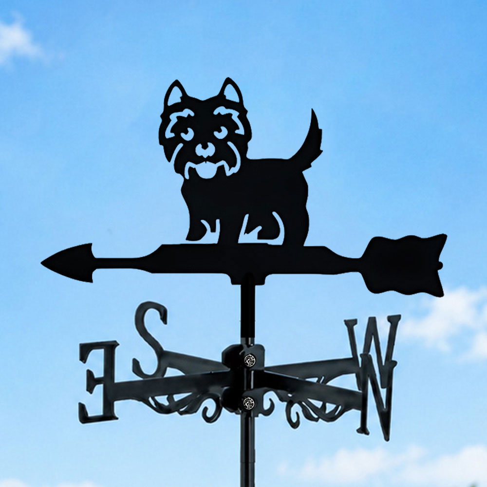West highland white terrier metal weather vane with directional arrows and mounting rod, outdoor roof and garden decoration